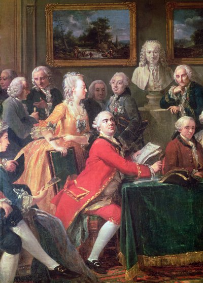 Um soirée na casa de Madame Geoffrin detalhe de Lekain e Mademoiselle Clairon, 1755 óleo sobre tela de Anicet Charles Lemonnier