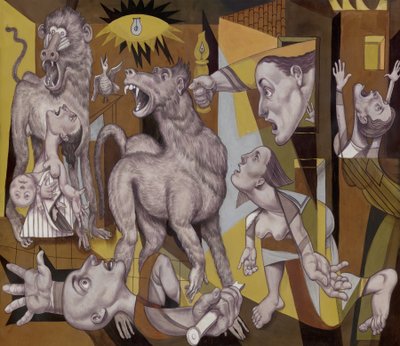 A Guernica de Guereza, 2018 (tinta acrílica sobre cartão de ilustração) de Anita Kunz