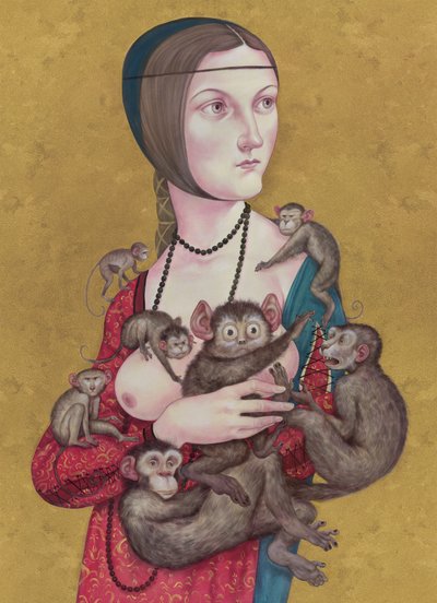 Mulher com macacos, 2016 (tinta acrílica sobre placa de ilustração) de Anita Kunz
