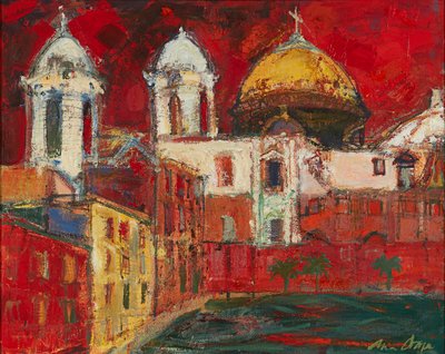 Catedral de Cádiz e edifícios, céu vermelho (óleo sobre tela) de Ann Oram