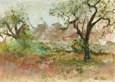 Trulli e Oliveira (aquarela e guache) de Ann Oram