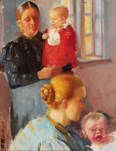 Duas jovens mães com os seus filhos pequenos. Estudo para "Vacinação". de Anna Ancher