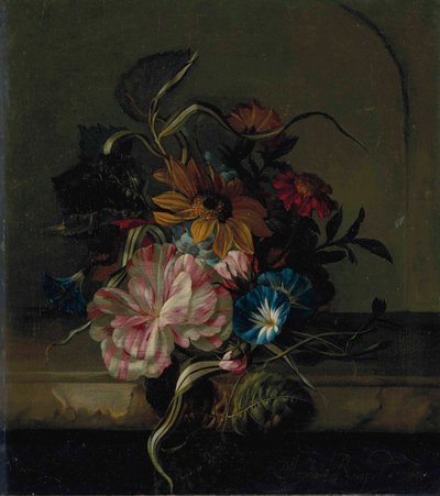 Girassol, trepadeira e tulipa bicolor de Anna Elisabeth Ruysch