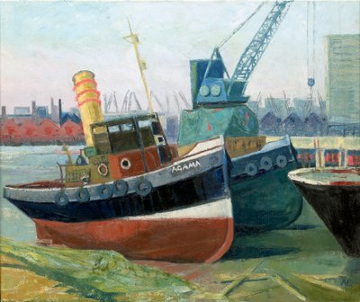O rebocador "Agama" em Greenwich, c.1970 (óleo sobre tela) de Anna Lea Merritt