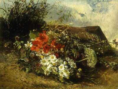 Flores silvestres em um banco, com uma casa além de Anna Peters