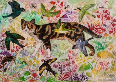 Tabby e os pássaros, 2019 (acrílico) de Anna Pugh