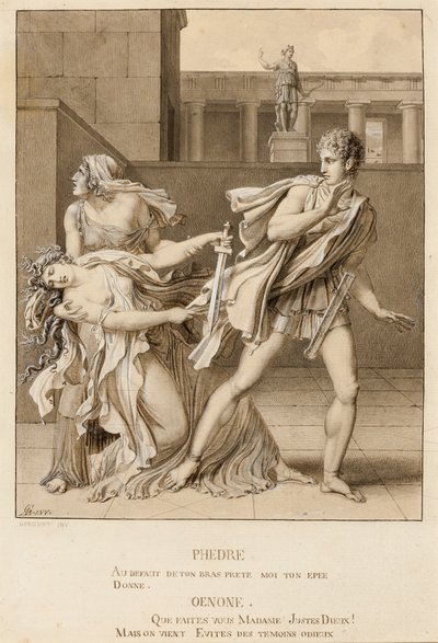 Fedra, tendo declarado sua paixão, tenta se matar com a espada de Hipólito de Anne-Louis Girodet de Roucy-Trioson