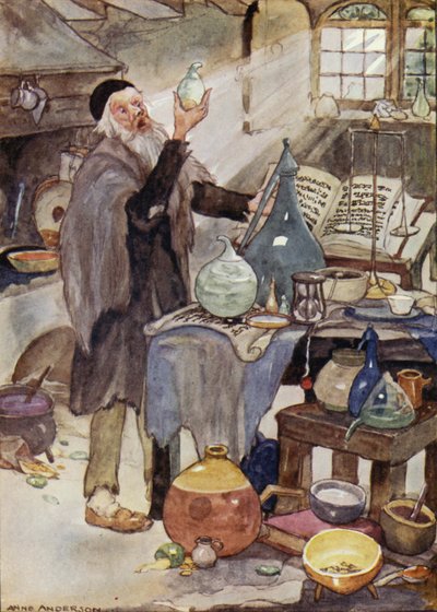 Alquimista, cena do conto de fadas de Hans Christian Andersen The Wind
