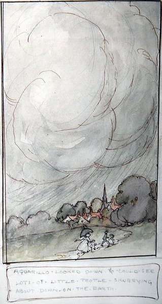 Aquarillo olhou para baixo e podia ver muitas pessoas pequenas correndo sobre a terra (caneta e tinta com aquarela sobre papel) de Anne Anderson