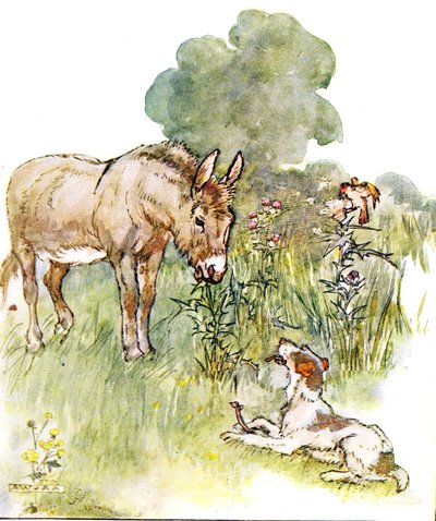 "Tive uma conversa com Ponto que chegou ao meu campo com um osso", ilustração de "The Naughty Neddy Book", publicado por Thomas Nelson und Sons, década de 1920 de Anne Anderson
