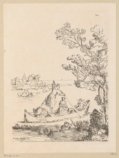 Paisagem do rio com um barco remado por uma mulher Cabinet du Roy (título da série no objeto) de Anne Claude Philippe Caylus