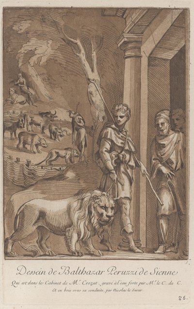Um pastor segurando um leão na coleira em primeiro plano, no meio o sh..., ca. 1729-64 de Anne Claude Philippe de