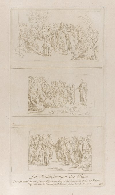 Três estudos separados para os milagres dos pães, mostrando Cristo em pé em d..., ca. 1729-40. de Anne Claude Philippe de Caylus