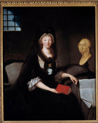 Retrato de Maria Antonieta (1755-1793) em grande luto na Prisão do Templo (ou Maria Antonieta no Concierge, em luto, com uma camiseta representando o golfinho, segurando um livro da vida de Maria, Rainha da Escócia, perto de um busto de Luís XVI e h de Anne Flore Millet de Brehan