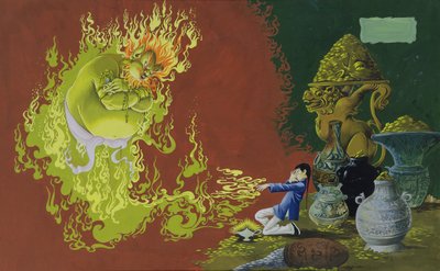 Aladdin, ilustração do livro da medalha de ouro dos decanos da fada, bar do número 2 dos contos. por Dean & Sons Ltd., 1965 (guache em papel matizado) de Anne Grahame Johnstone