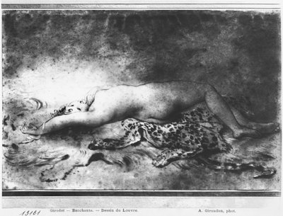 Jovem nua deitada sobre uma pele de animal (toco e lápis preto sobre papel) de Anne-Louis Girodet de Roucy-Trioson
