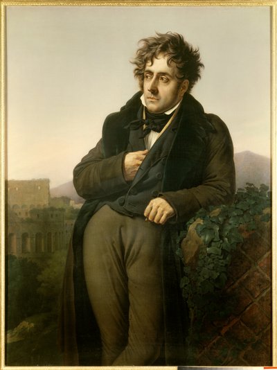 Retrato de François Rene, visconde de Chateaubriand (1768-1848) meditando sobre as ruínas de Roma em frente à vista do Coliseu de Anne-Louis Girodet de Roucy-Trioson