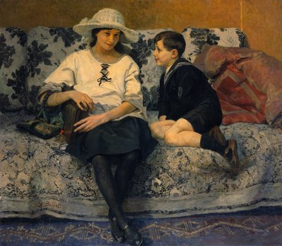Uma menina e um menino em um sofá (óleo sobre tela) de Anne Marie Henriette Brejat
