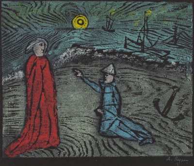 Agora, sempre alerta, meu mestre querido, temo uma tempestade mortal (xilogravura a cores) de Anne Ryan