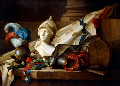 Um busto de Minerva com armadura e armas em uma borda de pedra, 1777 de Anne Vallayer Coster