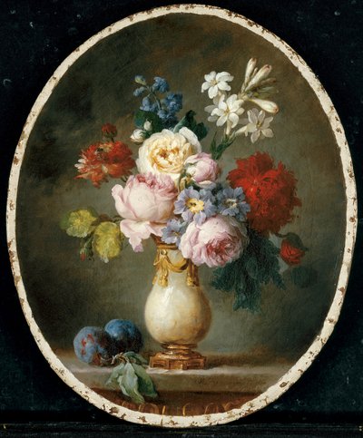 Um vaso de flores e duas ameixas em uma mesa de mármore, 1781 de Anne Vallayer Coster
