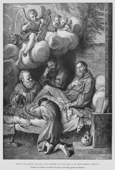 São Francisco de Assis, que sofre de doença, é curado pelo som de um instrumento celeste (litho) de Annibale (after) Carracci