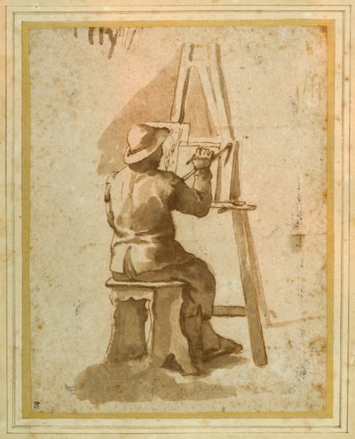 Um jovem pintor sentado no seu cavalete (caneta e tinta com gizes sobre papel) de Annibale (follower of) Carracci