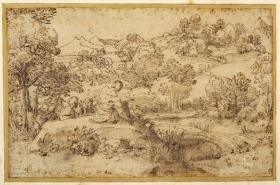Paisagem, em primeiro plano três homens a descansar e um cão a dormir, junto a um riacho (caneta e tinta castanha sobre papel) de Annibale (follower of) Carracci