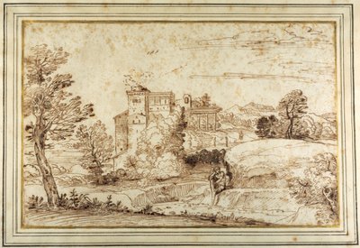 Paisagem com um castelo e as ruínas de um pórtico clássico (caneta e tinta castanha sobre papel) de Annibale (follower of) Carracci