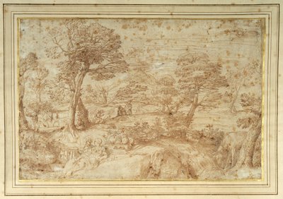 Paisagem com o resto no vôo do Egito, depois de Annibale Carracci (caneta e tinta marrom sobre papel) de Annibale (studio of) Carracci