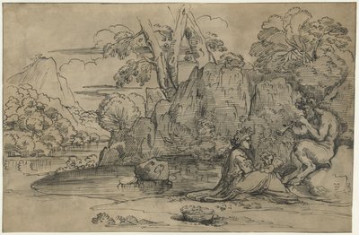 Paisagem com um sátiro tocando flauta, mulher e putto de Annibale Carracci (attributed to)