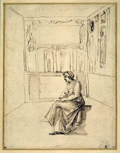 Uma mulher sentada numa sala (caneta e tinta castanha sobre papel) de Annibale Carracci