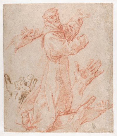 Carracci - Estudos para uma figura de São Francisco ajoelhado numa vista de três quartos e para as suas mãos (frente), 1583-85 de Annibale Carracci