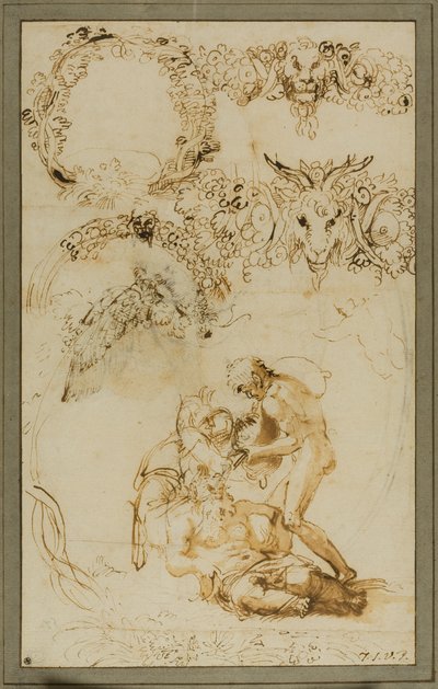 Silenus bêbado e esboços decorativos: Estudos para a Tazza Farnese (anverso); Dois Putti em luta: Estudo para a Galleria Farnese (verso) de Annibale Carracci