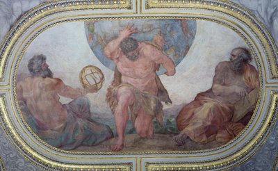 Hércules Apoiando o Mundo Ladeado por Euclides e Ptolomeu, do &39;Camerino&39;, 1596 de Annibale Carracci
