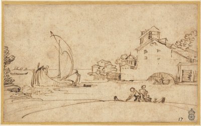Paisagem com figuras por um estuário com barcos à vela de Annibale Carracci