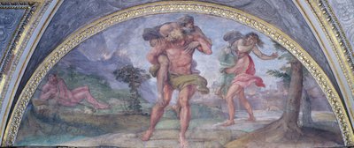 Lunette representando Enéias fugindo de Burning Troy carregando seu pai Anchises Seguido por Ascanius carregando sua mãe, do Camerino, 1596 de Annibale Carracci