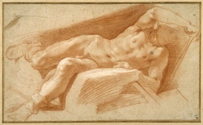 A juventude recém-saída posou nua, exceto pela mangueira puxada até os tornozelos (giz vermelho sobre papel) de Annibale Carracci