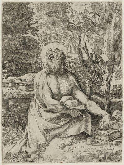 São Jerônimo no Deserto, c.1591 (gravura com gravura sobre papel avergoado, iiiiv) de Annibale Carracci