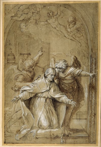 São Gregório atendido por anjos orando pelas almas no Purgatório (caneta e tinta marrom com lavagem marrom e altura) de Annibale Carracci