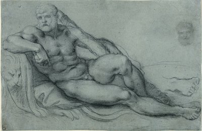 Estudo de Hércules em repouso, com estudos separados da cabeça e do pé (anverso); desenho de grelha retangular (verso) de Annibale Carracci