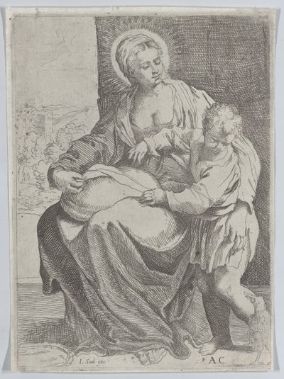 A Virgem sentada segurando uma almofada no colo com o jovem Cristo de pé à direita..., 1580-1600. de Annibale Carracci