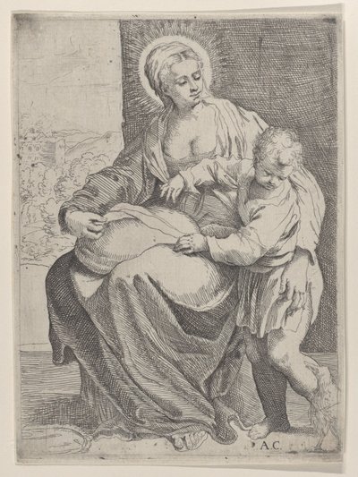 A Virgem sentada segurando uma almofada no colo com o jovem Cristo de pé à direita..., 1580-1600. de Annibale Carracci