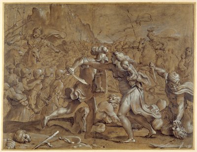 A batalha entre os Romanos e os Sabines (caneta e tinta com lavagem e guache sobre papel) de Annibale Carracci