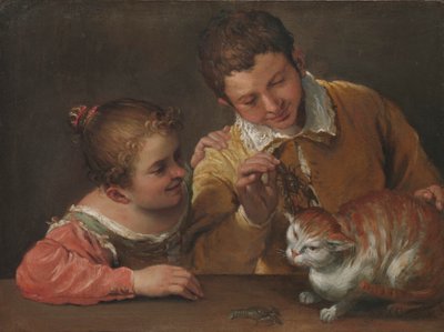 Duas crianças provocando um gato (óleo sobre tela) de Annibale Carracci