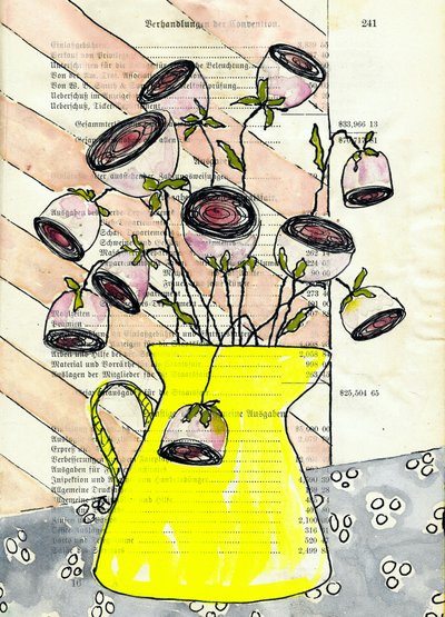 Jarro amarelo com flores cor-de-rosa de Annick