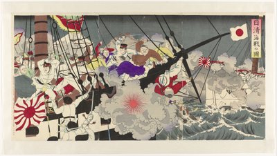 Representação da batalha naval durante a Guerra Sino-Japonesa Nisshin kaisen no zu (título no objeto) de Anonymous