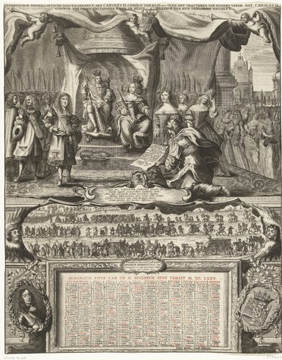 Alegoria da paz com a Inglaterra em 1674 e o almanaque para o ano de 1675 Vereenichde Nederlantsche danckbaerheyt, aen Carolus II. Coninck van Hisp. etc. sobre a conclusão de sua paz com Carlos II. Coninck da Grã-Bretanha e a Restauração de Anonymous