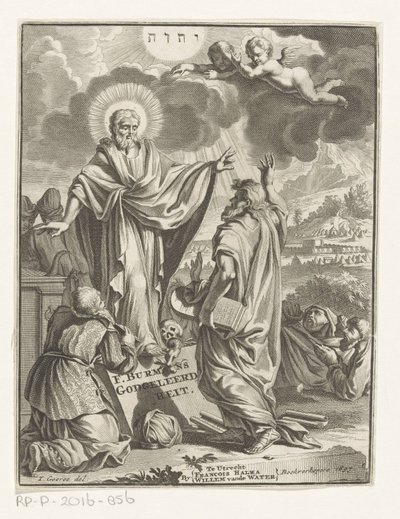 Representação alegórica com Cristo, Moisés e figura ajoelhada Página de rosto para: Frans Burman, Teologia, 1697 de Anonymous