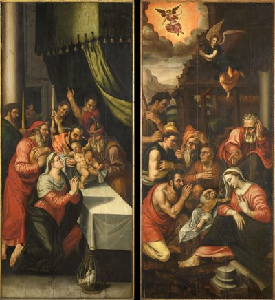 Ala de Altarpiece com a Adoração dos Pastores. No exterior estão Seis Nobres Ajoelhados em Armadura de Anonymous